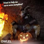  1:1 3d_(artwork) 4_ears 4_horns anthro armor blender_(software) blue_eyes bodily_fluids brick brick_wall brown_body brown_fur charr claws digital_media_(artwork) digitigrade english_text felid female fire fog food fruit fur genital_fluids genitals guild_wars hair halloween hi_res holidays horn inviting jack-o&#039;-lantern leopard_spots looking_at_viewer mammal melee_weapon multi_ear multi_horn owlel paws plant presenting presenting_pussy pumpkin pussy pussy_juice shoulder_pads solo solo_focus spots sword text video_games weapon wet whiskers 