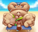  anthro balls beach beach_chair belly blue_hair clothing darknessminotaur disembodied_penis duo erection eyebrows eyewear genitals gouryou hair imminent_sex male male/male mammal overweight overweight_male penis seaside speedo suid suina sunglasses sus_(pig) swimwear thick_eyebrows tokyo_afterschool_summoners video_games wild_boar 