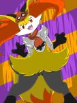  2020 ambiguous_gender big_ears black_body black_ears black_fur black_tail braixen chest_tuft clothing costume cute_expression eiroru emanata fluffy fluffy_tail front_view fur head_tilt hip_tuft inner_ear_fluff long_tail looking_at_viewer mask multicolored_body multicolored_fur multicolored_tail nickit nintendo open_mouth open_smile orange_background orange_body orange_fur orange_tail pink_tongue pok&eacute;mon pok&eacute;mon_(species) portrait purple_background raised_arm red_eyes scarf scary semi-anthro shoulder_tuft simple_background smile solo spread_legs spreading standing tongue tuft video_games white_body white_fur wide_hips 