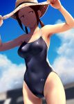  1girl blurry blurry_background brown_eyes brown_hair cloud cowboy_shot dutch_angle hat highres holding holding_clothes holding_hat houkago_teibou_nisshi kuroiwa_yuuki one-piece_swimsuit sky smile solo sweat swimsuit wa_(genryusui) 
