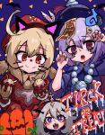  3girls :3 ahoge bangs blood blood_from_mouth blue_eyes fang genshin_impact hair_between_eyes halloween halo hat_feather highres jewelry klee_(genshin_impact) multiple_girls necklace open_mouth paimon_(genshin_impact) pointy_ears ppyumeuleulu purple_eyes qiqi red_eyes red_headwear short_hair white_hair 