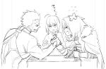  1girl 2boys ahoge archer arm_wrestling artoria_pendragon_(all) astolfo_(fate) commentary_request determined fate/grand_order fate_(series) futaba_(futaba_uc) greyscale monochrome multiple_boys saber simple_background sketch smile struggling table white_background 