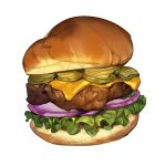  cheese cucumber_slice food hamburger highres lettuce meat no_humans onion original romana simple_background white_background 