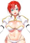  1girl :d asymmetrical_bangs bangs blush boudica_(fate/grand_order) bra breasts cleavage eyebrows_visible_through_hair fate/grand_order fate_(series) green_eyes highres juliet_sleeves large_breasts long_sleeves looking_at_viewer navel o-ring o-ring_bottom o-ring_top onsoku_inu open_mouth panties parted_bangs puffy_sleeves red_hair short_hair shrug_(clothing) simple_background smile solo toned underwear upper_body white_background white_bra white_panties 