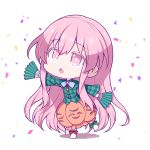  1girl artist_name bangs bow bowtie bright_pupils bubble_skirt chibi circle confetti cross dancing eyebrows_visible_through_hair fan full_body green_bow green_shirt hata_no_kokoro highres holding holding_fan lanubis long_hair long_sleeves looking_at_viewer open_mouth pink_eyes pink_hair pleated_shirt purple_bow purple_neckwear red_bow shirt shoe_bow shoes signature simple_background skirt solo touhou triangle white_background white_footwear 