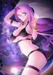  1girl bangs bare_shoulders bikini black_bikini bracelet breasts cleavage closed_mouth collarbone fate/stay_night fate_(series) forehead glasses highres jewelry large_breasts long_hair looking_at_viewer minami_koyogi navel ocean parted_bangs purple_eyes purple_hair purple_sky rider sidelocks sky star_(sky) starry_sky sunset swimsuit thigh_strap thighs very_long_hair 