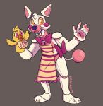  2020 3_toes 5_fingers animatronic anthro avian bib bird button_(fastener) canid canine cheek_tuft chica_(fnaf) chicken clothing eyelashes facial_tuft female fingers five_nights_at_freddy&#039;s five_nights_at_freddy&#039;s_2 fox galliform gallus_(genus) gesture hi_res lipstick machine makeup mammal mangle_(fnaf) pawpads phasianid pink_body pink_inner_ear pink_pawpads red_cheeks ribbons robot standing toes tuft video_games waackery waving white_body yellow_eyes 