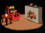  2020 anthro black_background cactus felid female fireplace google google_doodle halloween halloween_2020 hi_res holidays hot_drink magic_cat_academy mammal momo_(google) signature simple_background sitting solo sweetreat yellow_sclera 