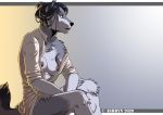  anthro ashryn bottomless breasts canid canine canis chest_tuft clothed clothing female fur grey_body grey_fur hair mammal nipples open_clothing open_shirt open_topwear shirt sitting solo topwear tuft wolf 
