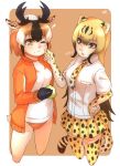  ! 2girls ;( =3 animal_ear_fluff bangs black_gloves black_hair blonde_hair brown_eyes buruma cheetah_(kemono_friends) cheetah_ears cheetah_print cheetah_tail commentary cropped_legs eating elbow_gloves extra_ears eyebrows_visible_through_hair food food_on_face gloves gradient_hair gym_uniform hair_between_eyes hand_on_hip highres horizontal_pupils horns jacket japari_bun kemono_friends long_hair long_sleeves multicolored_hair multiple_girls necktie open_mouth orange_buruma orange_hair orange_jacket print_gloves print_legwear print_neckwear print_skirt pronghorn_(kemono_friends) shirt short_hair short_sleeves sigh simple_background skirt thighhighs thin_(suzuneya) track_jacket white_shirt yellow_eyes zettai_ryouiki 