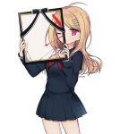  1girl ;) ahoge akamatsu_kaede bangs black_serafuku black_shirt black_skirt blonde_hair cowboy_shot dalrye_v3 danganronpa hair_ornament holding iei long_hair long_sleeves looking_at_viewer musical_note neckerchief new_danganronpa_v3 one_eye_closed pink_eyes pleated_skirt ribbon sailor_collar school_uniform serafuku shirt simple_background skirt smile solo split_theme sweater_vest twitter_username white_background white_shirt 