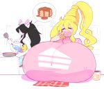 2020 anthro apron big_breasts black_hair blonde_hair blue_eyes blush blush_stickers breasts canid canine canis cassie_(theycallhimcake) cleavage clothed clothing cooking domestic_dog duo ear_piercing ear_ring eyes_closed female food hair hi_res huge_breasts human hyper hyper_breasts inner_ear_fluff long_hair maggie_applebee mammal nipple_outline open_mouth pancake piercing shirt spatula theycallhimcake tools topwear tuft 