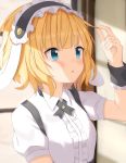  1girl animal_ears arm_up bangs black_neckwear blonde_hair blue_eyes blush breasts bunny_ears center_frills collared_shirt commentary_request fake_animal_ears fleur_de_lapin_uniform floppy_ears frills gochuumon_wa_usagi_desu_ka? highres indoors kirima_sharo looking_at_hand looking_to_the_side maid_headdress open_mouth puffy_short_sleeves puffy_sleeves raru0310 shirt short_hair short_sleeves smile solo upper_body white_shirt wrist_cuffs 