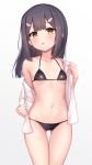  1girl :o arata_(xin) ass_visible_through_thighs bangs bare_shoulders bikini black_bikini black_hair blush breasts brown_eyes cameltoe collarbone commentary_request dress_shirt fate/kaleid_liner_prisma_illya fate_(series) grey_background hair_ornament hairclip halterneck highres long_hair long_sleeves looking_at_viewer miyu_edelfelt navel off_shoulder open_clothes open_mouth open_shirt shirt simple_background single_bare_shoulder small_breasts solo standing swimsuit thigh_gap thighs undressing white_background white_shirt 