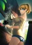  1girl abyssal_ship ass bare_shoulders blue_eyes blue_shorts blush breasts brown_hair coffee coffee_pot covered_nipples day denim denim_shorts dutch_angle enemy_lifebuoy_(kantai_collection) eyebrows_visible_through_hair from_side green_sweater indoors intrepid_(kantai_collection) kantai_collection kettle large_breasts lips looking_at_viewer off-shoulder_sweater off_shoulder parted_lips ponytail pouring short_hair short_shorts shorts smile solo standing sweater unowen 