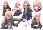  1girl absurdres act_(xadachit) ar-15 bangs black_choker black_dress black_jacket blue_eyes blue_hair blush choker closed_mouth collarbone dress embarrassed flying_sweatdrops girls_frontline gloves gun hair_between_eyes highres holding holding_gun holding_weapon jacket long_hair long_sleeves looking_at_viewer multicolored_hair open_mouth pink_gloves pink_hair rifle simple_background st_ar-15_(girls_frontline) streaked_hair triangle_mouth weapon white_background 