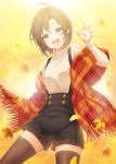 1girl :d antenna_hair autumn autumn_leaves ayumi_(as0206) bangs black_eyes black_hair black_legwear black_shorts blurry blurry_background blurry_foreground breasts brown_hair commentary_request cowboy_shot high-waist_shorts highres idolmaster idolmaster_(classic) idolmaster_2 idolmaster_million_live! idolmaster_million_live!_theater_days kikuchi_makoto long_sleeves looking_at_viewer open_mouth plaid_shawl shawl short_hair shorts smile solo suspender_shorts suspenders sweater thighhighs waving white_sweater 