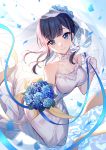  1girl bangs bison_cangshu black_hair blue_eyes blue_flower blue_ribbon blue_rose blush bouquet breasts bridal_veil cleavage closed_mouth commentary_request dress eyebrows_visible_through_hair flower gloves hair_flower hair_ornament highres holding holding_bouquet long_hair medium_breasts petals ribbon rose sleeveless sleeveless_dress smile solo ssss.gridman takarada_rikka veil wedding_dress white_dress white_gloves 