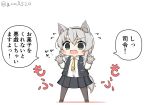  1girl alternate_sleeve_length animal_ears asymmetrical_hair bangs black_skirt black_vest chibi commentary_request dress_shirt fang flipped_hair full_body gao gloves goma_(yoku_yatta_hou_jane) kantai_collection necktie nowaki_(kantai_collection) open_mouth pantyhose paw_gloves paws pleated_skirt school_uniform shirt silver_eyes silver_hair simple_background skin_fang skirt solo standing swept_bangs tail translation_request twitter_username vest wavy_mouth white_background white_shirt wolf_ears wolf_tail yellow_neckwear 