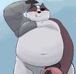  anthro badger badgerclops belly blush cartoon_network cybernetics cyborg eye_patch eyewear falls-down-steps genitals hi_res holding_penis machine male mammal mao_mao:_heroes_of_pure_heart mechanical_arm moobs mustelid musteline navel penis slightly_chubby solo tongue 