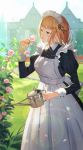  1girl apron blonde_hair blurry commentary day depth_of_field flower hair_ornament haru_(hiyori-kohal) highres lens_flare maid maid_apron maid_headdress orange_hair original outdoors puffy_sleeves rose short_hair solo watering_can x_hair_ornament 