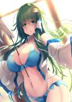  1girl bangs bare_shoulders between_breasts blue_bra blue_eyes blue_panties blurry blurry_background blush bra breasts cleavage collarbone collared_shirt commentary_request cowboy_shot detached_sleeves eyebrows_visible_through_hair frog_hair_ornament gohei green_hair groin hair_between_eyes hair_ornament hair_tubes highres japanese_clothes kochiya_sanae large_breasts liya long_hair looking_at_viewer midriff miko navel no_pants nontraditional_miko open_clothes open_shirt panties parted_lips shirt sidelocks sleeveless sleeveless_shirt snake_hair_ornament solo standing touhou underwear white_shirt 