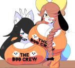  2020 accessory anthro big_breasts black_hair blue_eyes blush blush_stickers braided_hair breasts brown_hair canid canine canis cleavage clothed clothing daughter domestic_dog duo ear_piercing ear_ring english_text fangs female gesture hair hair_accessory hair_bow hair_over_eye hair_ribbon hi_res holly_applebee huge_breasts inner_ear_fluff long_hair looking_at_viewer maggie_applebee mammal mother mother_and_child mother_and_daughter one_eye_obstructed open_mouth open_smile parent parent_and_child piercing ribbons smile sweater text text_on_clothing text_on_sweater text_on_topwear theycallhimcake topwear tuft v_sign yellow_eyes 