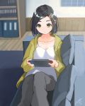  1girl absurdres alternate_costume black_hair bookshelf camisole casual commentary_request couch green_eyes grey_pants hair_ornament hairclip handheld_game_console highres holding holding_handheld_game_console indoors kantai_collection kuroshio_(kantai_collection) nintendo_switch pants playing_games short_hair sitting solo utachy white_camisole wooden_floor 