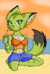  anthro beach black_nose carol_tea clothing dipstick_tail drinking_straw felid feline felis female freedom_planet freedom_planet_2 fur gerald_serault green_body green_eyes green_fur hi_res mammal multicolored_tail navel seaside solo straw_in_mouth translucent translucent_clothing video_games water wildcat 