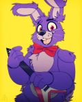  2019 4:5 animatronic anthro black_nose bonnie_(fnaf) bow_tie cheek_tuft chest_tuft eyebrows facial_tuft familyof6art fingers five_nights_at_freddy&#039;s fur guitar head_tuft inner_ear_fluff lagomorph leporid looking_at_viewer machine male mammal musical_instrument open_mouth open_smile plucked_string_instrument purple_body purple_fur rabbit robot shoulder_tuft simple_background smile standing string_instrument teeth tongue tuft video_games whiskers yellow_background 