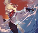  1girl black_gloves black_pants blonde_hair commentary_request cynthia_(pokemon) gloves grey_eyes grey_jacket hair_bun hair_ornament hair_over_one_eye highres holding holding_poke_ball jacket long_sleeves looking_to_the_side open_mouth outstretched_arm pants poke_ball poke_ball_(basic) pokemon pokemon_(game) pokemon_masters_ex smile solo teeth tongue tugo 