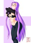  1girl absurdres black_bra black_pants black_sweater blunt-katana blush bra breasts cleavage clothes_pull commentary commission english_commentary fate/stay_night fate_(series) glasses highres legs_together long_hair looking_at_viewer medium_breasts navel pants pulled_by_self purple_eyes purple_hair rider semi-rimless_eyewear signature slender_waist solo standing stomach sweater sweater_pull tight tight_pants toned turtleneck turtleneck_sweater under-rim_eyewear underwear undressing very_long_hair 