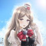  1girl blue_sky breasts brown_eyes cloud commentary_request corset grey_hair hat highres kantai_collection looking_at_viewer medium_breasts mini_hat parted_lips pola_(kantai_collection) shirt sky solo thick_eyebrows tilted_headwear tk8d32 upper_body wavy_hair white_shirt 