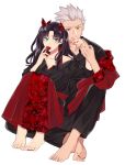  1boy 1girl archer barefoot black_hair black_pants black_shirt blue_eyes bow breasts brown_eyes cleavage collarbone collared_shirt couple eating fate/stay_night fate_(series) floral_print hair_bow hetero highres long_hair long_skirt long_sleeves medium_breasts pants print_skirt red_bow red_skirt shimatori_(sanyyyy) shiny shiny_hair shirt silver_hair simple_background skirt soles spiked_hair tohsaka_rin twintails white_background wing_collar 