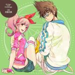  1boy 1girl 2019 :d bow bow_hairband breasts brown_hair butt_crack closed_mouth denim denim_shorts fingerless_gloves flower from_behind frown gloves green_background green_shorts hair_bow hairband highres jacket kutsuno long_hair looking_at_viewer looking_back looking_over_eyewear macross macross_7 macross_delta makina_nakajima medium_breasts midriff nekki_basara open_clothes open_jacket open_mouth pants pink_gloves pink_hair pink_jacket red_bow red_eyes red_hairband rose round_eyewear shiny shiny_hair short_hair short_shorts shorts sleeves_rolled_up smile spiked_hair sunglasses sweater thighs torn_clothes torn_shorts twintails white_legwear white_pants yellow_flower yellow_rose yellow_sweater 