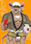  1boy ;) abs alternate_costume animal_ears bara bulge camouflage candy_apple chest chest_hair cow_boy cow_ears cow_horns festival first_aid_kit food furry headband highres horns incoming_food japanese_clothes kimono loincloth male_focus muscle nipples no_pants one_eye_closed open_clothes open_kimono purple_eyes purple_horns shennong_(tokyo_afterschool_summoners) short_hair sideburns smile solo thick_thighs thighs tokyo_houkago_summoners white_hair yanai_inaya 