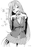  1girl akashiya_moka cross cross_necklace fangs finger_heart jewelry long_hair looking_at_viewer monochrome necklace open_mouth rosario+vampire school_uniform solo terano_haruma vampire very_long_hair white_background 