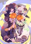  2girls absurdres blush boots dress goat green_eyes hair_ornament hairclip halloween highres horns jack-o&#039;-lantern lee_hyeseung long_hair multiple_girls open_mouth original pumpkin red_eyes sheep skirt star_(symbol) trick_or_treat very_long_hair wings 