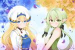  2girls absurdres bangs black_bow blonde_hair blue_eyes blue_flower bow breastplate breasts bug butterfly elf eyebrows_visible_through_hair floating_hair flower from_side goblin_slayer! green_eyes green_hair hair_between_eyes hair_bow high_elf_archer_(goblin_slayer!) highres huge_filesize insect long_hair looking_at_viewer multiple_girls onigiri-sama orange_flower pointy_ears priestess_(goblin_slayer!) shiny shiny_hair shirt sidelocks sleeveless sleeveless_shirt small_breasts upper_body very_long_hair 