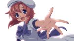  1girl :d backlighting bangs beret bow breasts brown_hair commentary dress eyebrows_visible_through_hair floating_hair hair_between_eyes happy hat highres higurashi_no_naku_koro_ni looking_at_viewer medium_breasts open_mouth outstretched_arm purple_bow purple_eyes reaching_out ryuuguu_rena sayshownen short_hair short_sleeves simple_background smile solo spread_fingers upper_body white_background white_dress white_headwear 