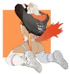  1boy absurdres animal_ears arknights ass ass_focus bara bare_chest beige_fur black_hoodie chest dog_boy dog_ears highres hood hoodie hung_(arknights) jockstrap looking_at_viewer male_focus medium_hair multicolored_hair muscle nipples shoes sneakers solo streaked_hair tail_raised thick_thighs thighhighs thighs two-tone_fur underwear undressing vv404notfound white_fur 