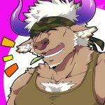  /\/\/\ 1boy ^_^ animal_ears bara camouflage chest chest_hair closed_eyes cow_boy cow_ears cow_horns face furry green_tank_top headband horns male_focus muscle purple_horns shennong_(tokyo_afterschool_summoners) short_hair sideburns solo tank_top tokyo_houkago_summoners upper_body white_hair yanai_inaya 
