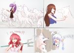  4girls animal_ears black_dress braid brown_hair bunny_ears closed_eyes dress english_commentary english_text holding holding_weapon hololive hololive_indonesia jcstr minecraft moona_hoshinova multiple_girls musical_note open_mouth over_shoulder parody polearm ponytail purple_hair sakura_miko sketch the_shining tokino_sora trident twin_braids usada_pekora virtual_youtuber weapon wolf 