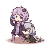  2girls annoyed biting_hand black_dress black_jacket braid cellphone chibi commentary criss-cross_halter dragging dress full_body grey_hair hair_ornament hair_tubes halterneck hand_in_mouth highres holding holding_phone hood hooded_jacket jacket kizuna_akari long_hair multiple_girls no_shoes orange_legwear phone purple_dress purple_hair purple_legwear sakana_(syake) short_hair_with_long_locks sidelocks smartphone standing sweat tears thighhighs twin_braids v-shaped_eyebrows very_long_hair vocaloid voiceroid yuzuki_yukari 