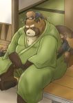  2020 absurd_res anthro belly brown_body brown_fur canid canine clothing detailed_background eyes_closed fur group gyobu gyobu&#039;s_underlings hi_res kemono male mametanu_tanuki mammal overweight overweight_male raccoon_dog robe scar sitting sleeping tanuki tokyo_afterschool_summoners video_games 