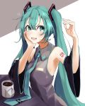  1girl absurdres aqua_eyes aqua_hair aqua_nails aqua_neckwear armpits bare_shoulders black_sleeves coffee coffee_mug commentary cup detached_sleeves grey_shirt hair_ornament hand_on_own_cheek hand_up hatsune_miku heart highres long_hair mug nail_polish necktie open_mouth shirt shoulder_tattoo sidelighting sitting sleeveless sleeveless_shirt smile solo t-one table tattoo twintails upper_body very_long_hair vocaloid wide_sleeves 