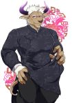  1boy alternate_costume animal_ears bara changpao chest chinese_clothes cow_boy cow_ears cow_horns feet_out_of_frame furry highres horns looking_at_viewer male_focus muscle purple_eyes purple_horns shennong_(tokyo_afterschool_summoners) short_hair sideburns smile solo standing tokyo_houkago_summoners white_hair yanai_inaya 