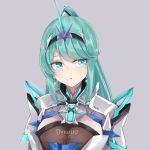  1girl :o bangs breasts chest_jewel earrings green_eyes green_hair grey_background highres jewelry large_breasts long_ponytail pneuma_(xenoblade) ponytail sarasadou_dan simple_background swept_bangs tiara upper_body xenoblade_chronicles_(series) xenoblade_chronicles_2 