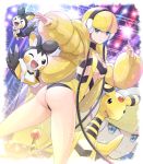  1girl absurdres ampharos ass bangs black_choker blonde_hair blue_eyes blunt_bangs breasts choker closed_mouth commentary_request elesa_(pokemon) emolga gen_2_pokemon gen_5_pokemon gym_leader headphones highres light long_sleeves looking_at_viewer looking_back outstretched_arm pokemoa pokemon pokemon_(creature) pokemon_(game) pokemon_bw short_hair smile transparent 
