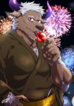  1boy animal_ears bara candy_apple chest chest_hair cow_boy cow_ears cow_horns festival fireworks food furry green_kimono hand_on_hip highres horns japanese_clothes kimono licking looking_at_viewer male_focus muscle purple_eyes purple_horns shennong_(tokyo_afterschool_summoners) short_hair sideburns solo tokyo_houkago_summoners upper_body white_hair yanai_inaya 
